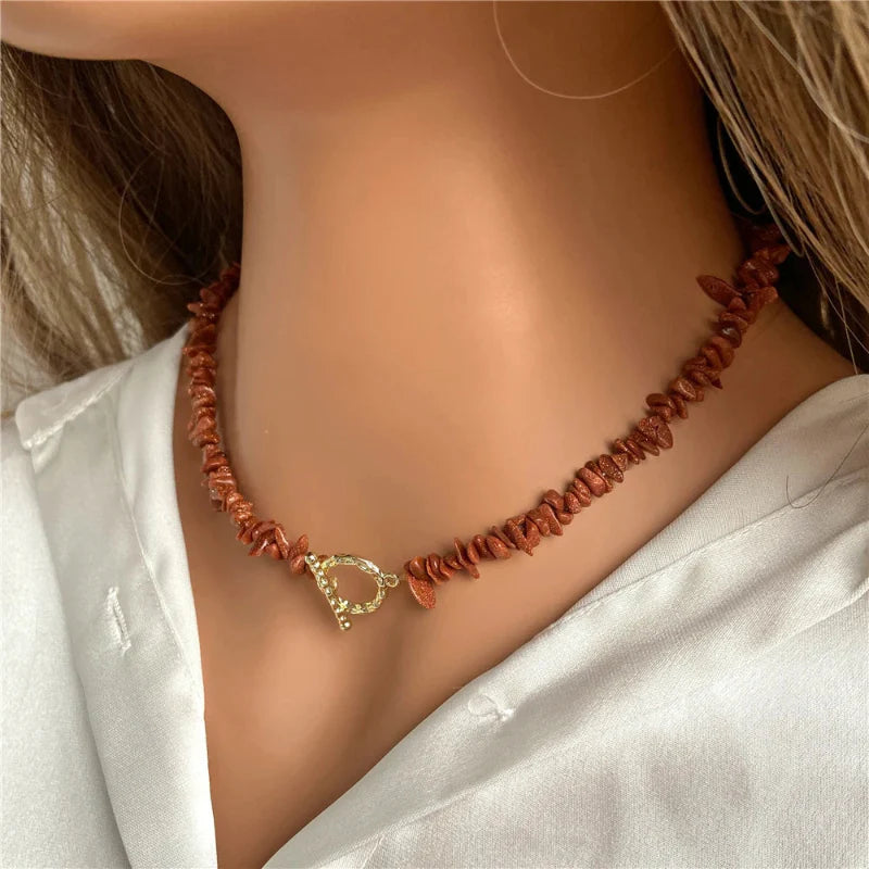 Choker Necklace with Natural Coral Stone Pendant 