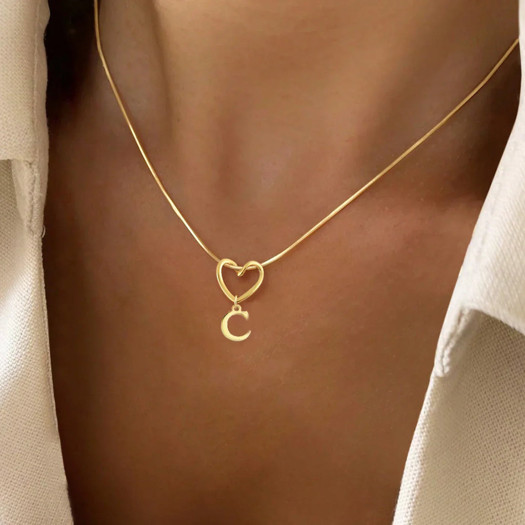 Choker necklace with initial and heart pendant c