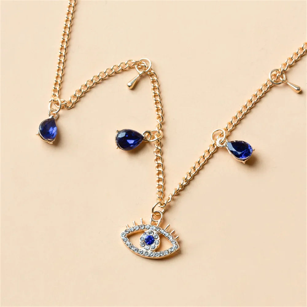 Choker Necklace with Turkish Blue Evil Eye Pendant, Rhinestones and Gold Beads