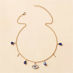 Choker Necklace with Turkish Blue Evil Eye Pendant, Rhinestones and Gold Beads