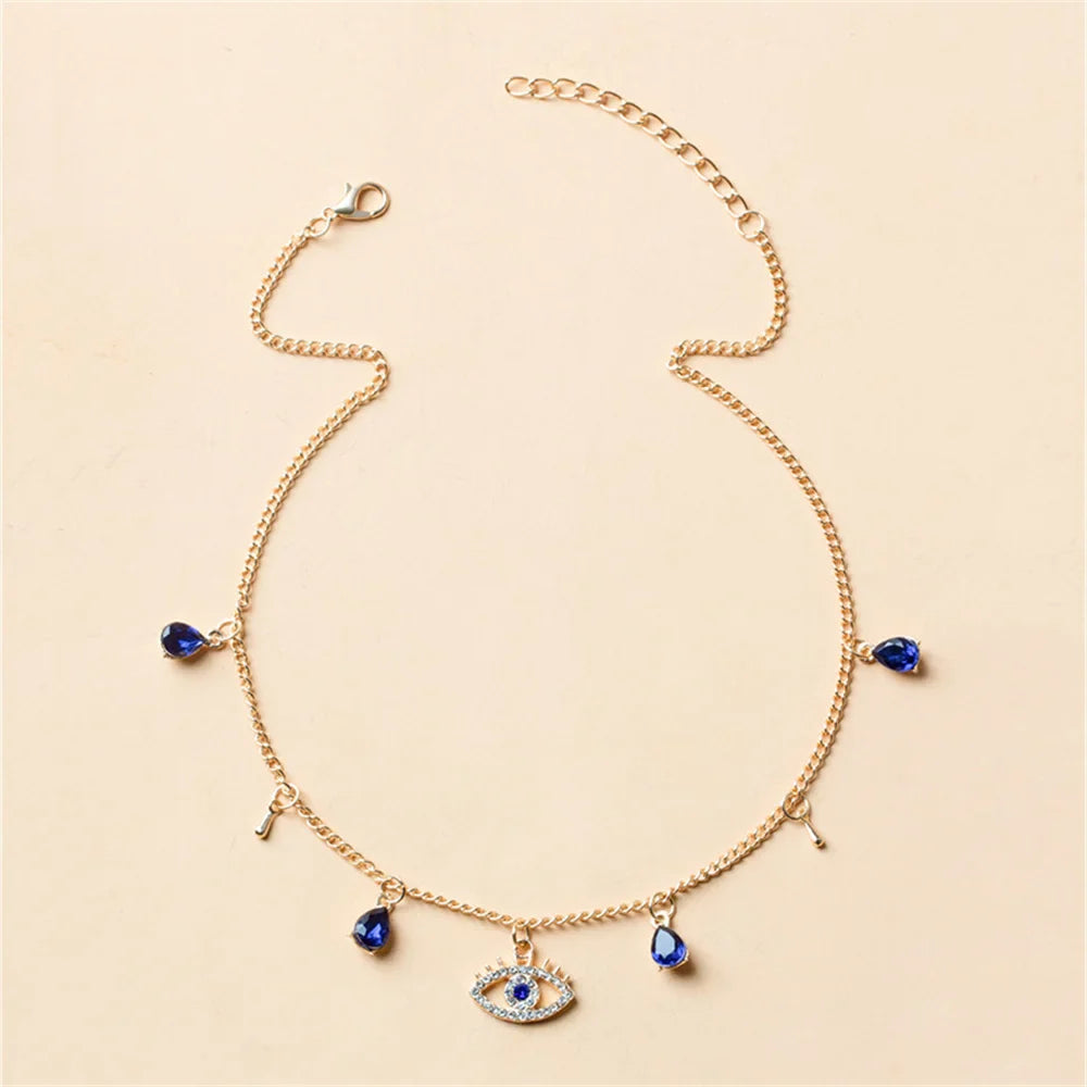 Choker Necklace with Turkish Blue Evil Eye Pendant, Rhinestones and Gold Beads