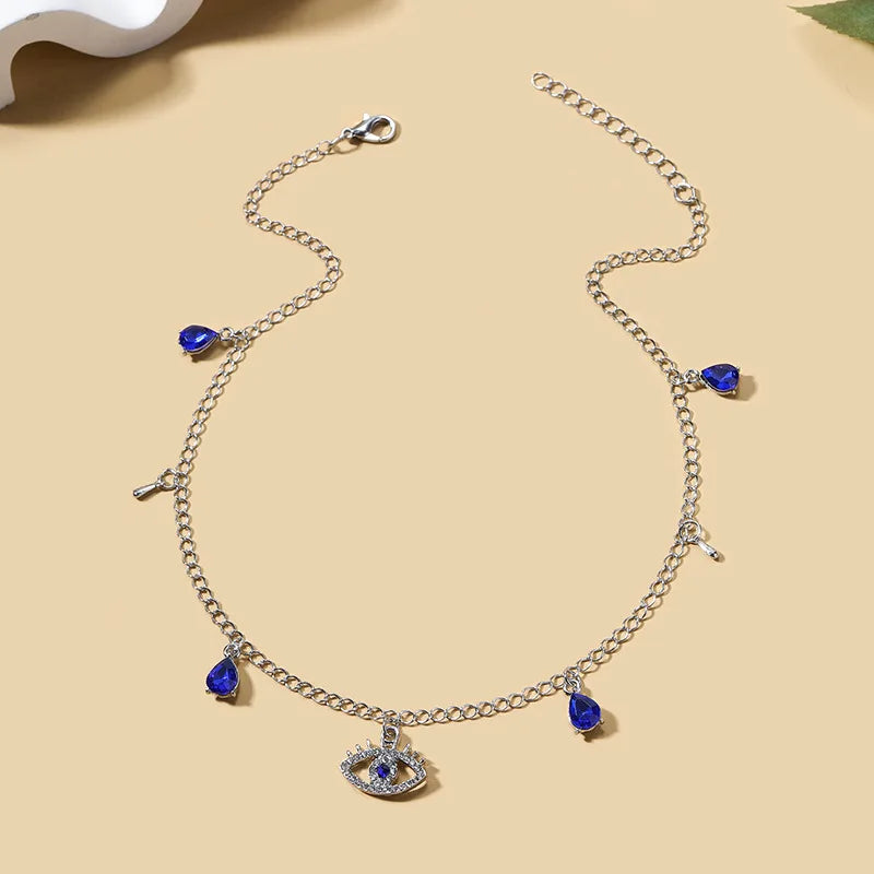 Choker Necklace with Turkish Blue Evil Eye Pendant, Rhinestones and Silver Beads