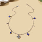 Choker Necklace with Turkish Blue Evil Eye Pendant, Rhinestones and Silver Beads
