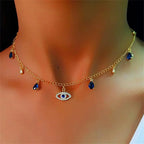 Choker Necklace with Turkish Blue Evil Eye Pendant, Rhinestones and Gold Beads