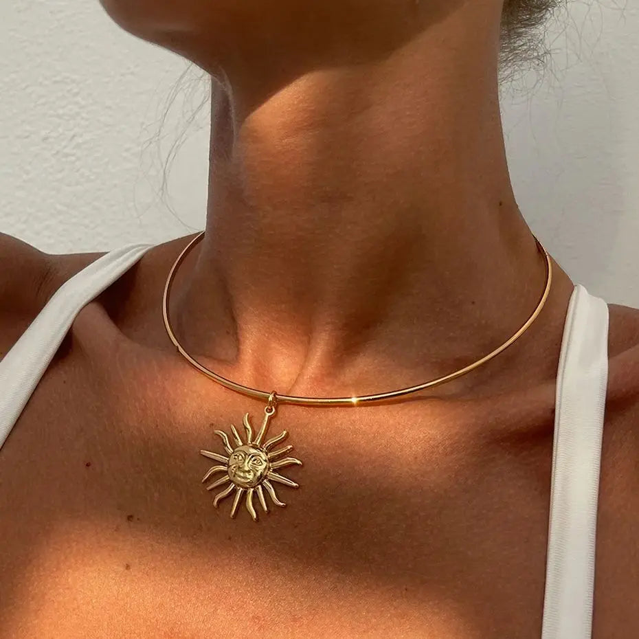 Gold Sun Pendant Choker Necklace