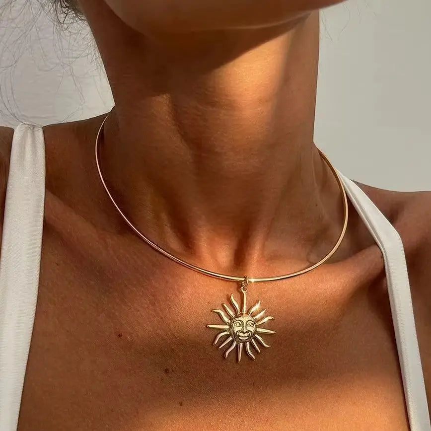 Gold Sun Pendant Choker Necklace