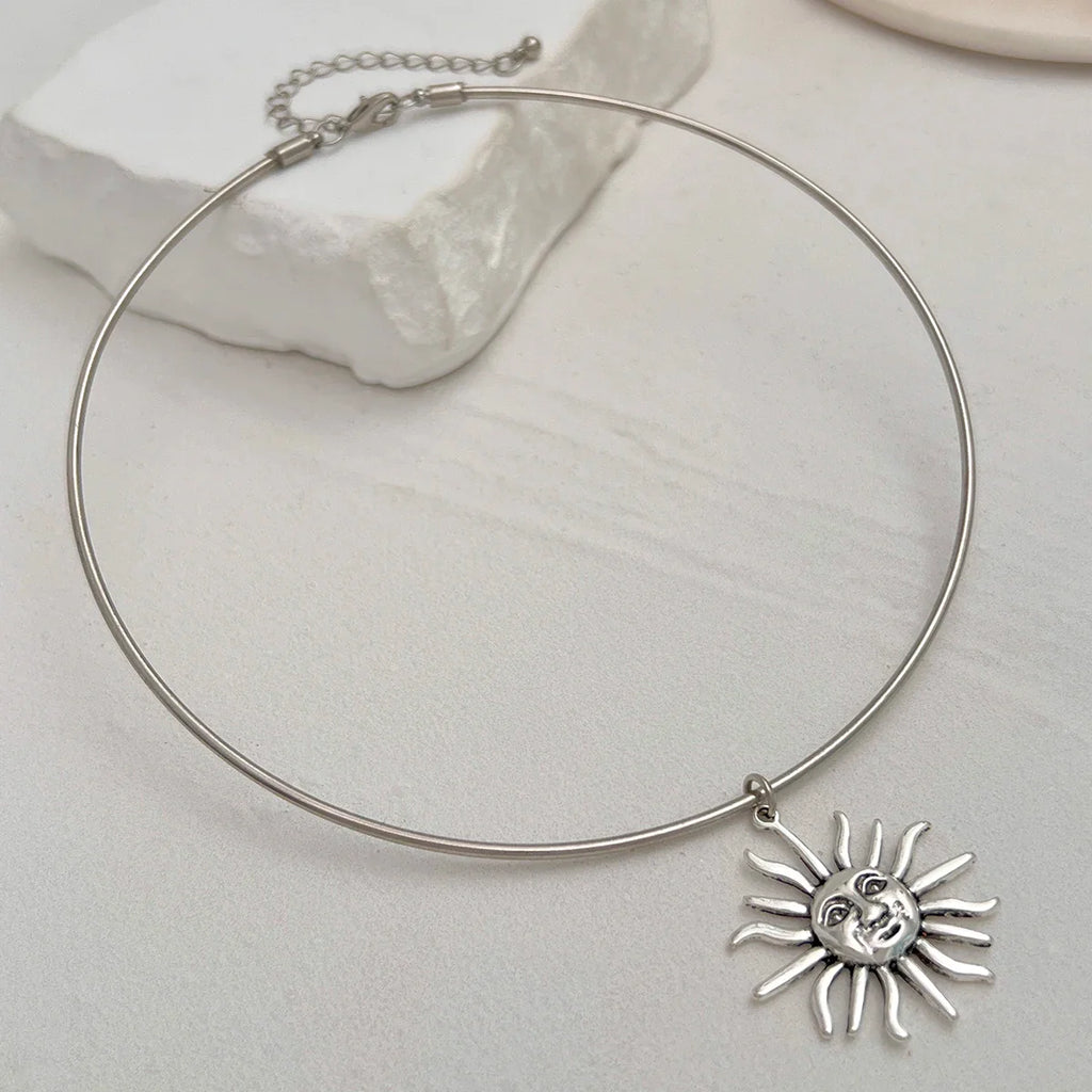 Silver Sun Pendant Choker Necklace