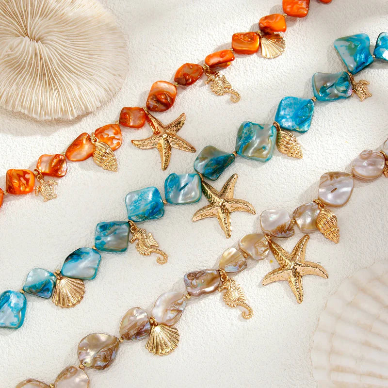 Choker Necklace with Shell and Starfish Pendants beige