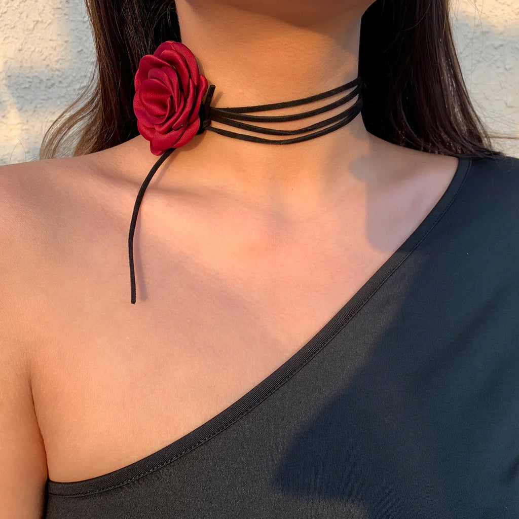 Elegant Choker Necklace with Large Red Rose Flower Pendant 1