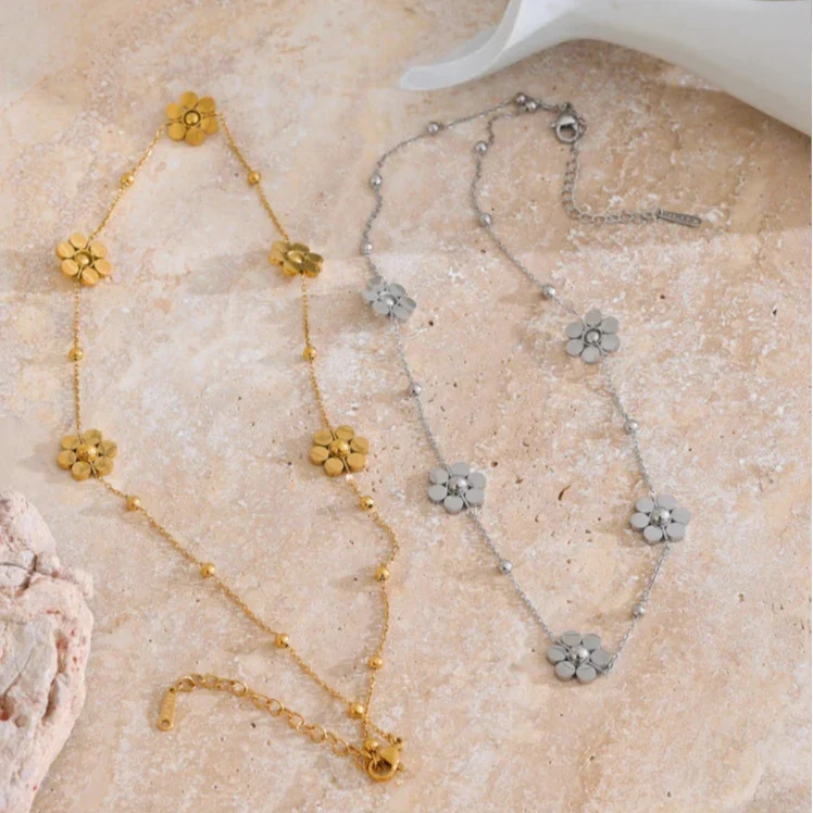 Silver Flower Pendant Choker Necklace