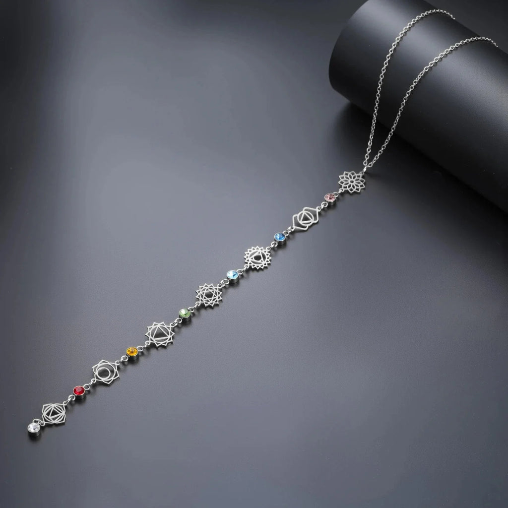 7 Chakras Zircon Stone Pendant Choker Necklace Silver