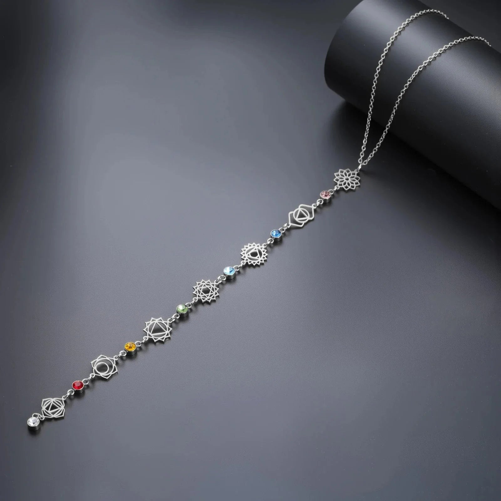 7 Chakras Zircon Stone Pendant Choker Necklace Silver