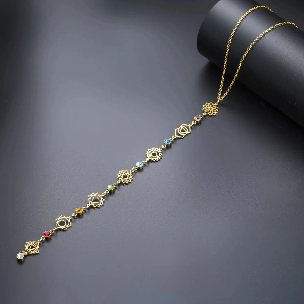 7 Chakras Zircon Stone Pendant Choker Necklace Gold