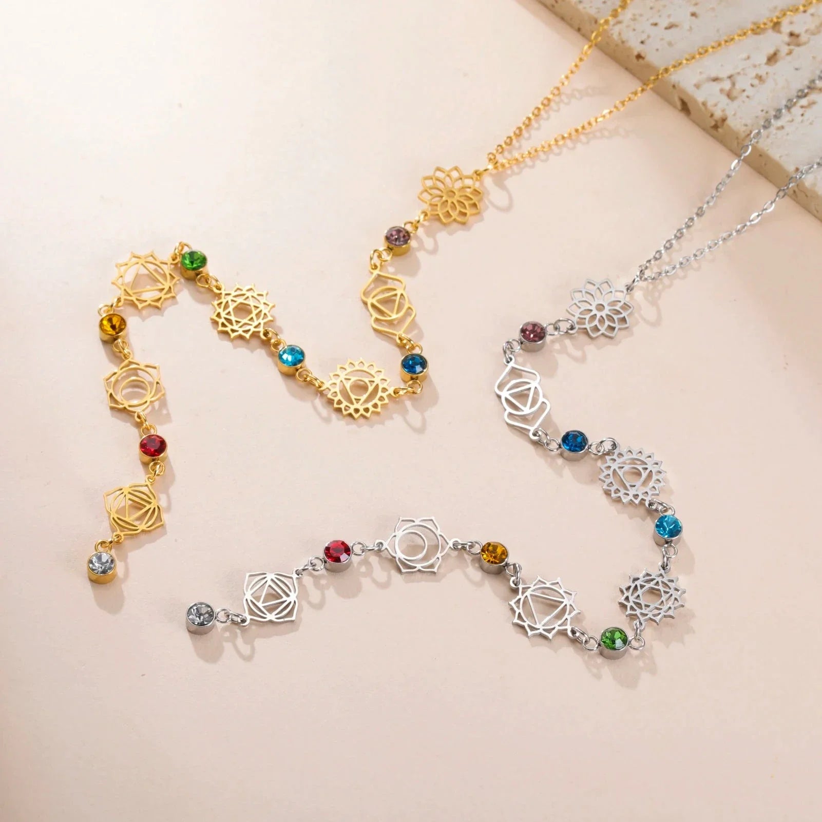 7 Chakras Zircon Stone Pendant Choker Necklace Gold