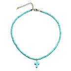 Choker Necklace Cross Pendant Natural Stone Women Blue