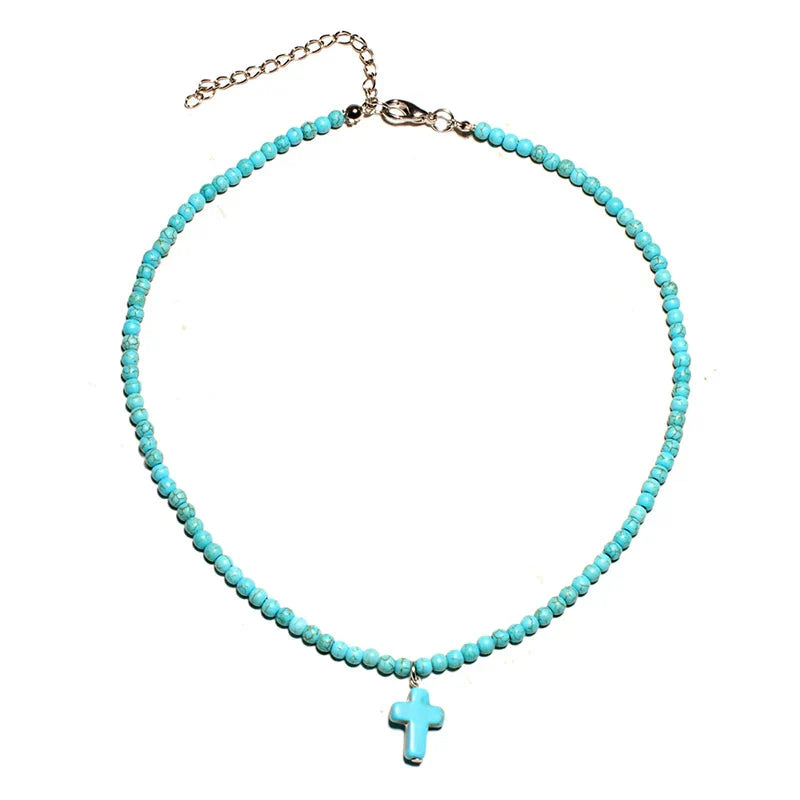 Choker Necklace Cross Pendant Natural Stone Women Blue