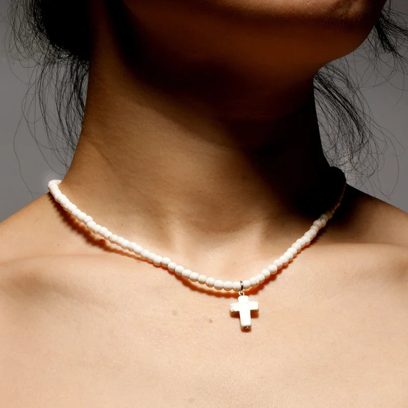 Choker Necklace Cross Pendant Natural Stone Women White