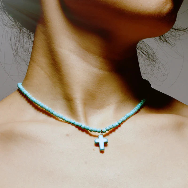 Choker Necklace Cross Pendant Natural Stone Women Blue