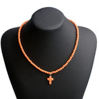 Choker Necklace Cross Pendant Natural Stone Women Orange
