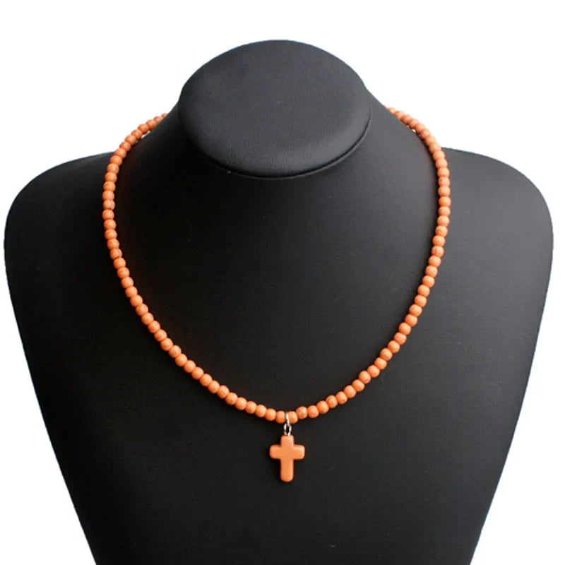 Choker Necklace Cross Pendant Natural Stone Women Orange