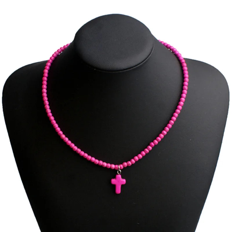 Choker Necklace Cross Pendant Natural Stone Women Pink