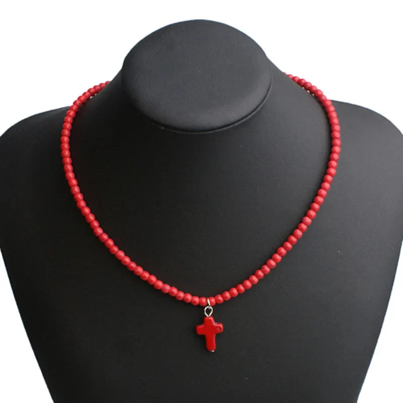 Choker Necklace Cross Pendant Natural Stone Women Red