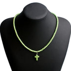 Choker Necklace Cross Pendant Natural Stone Women Green