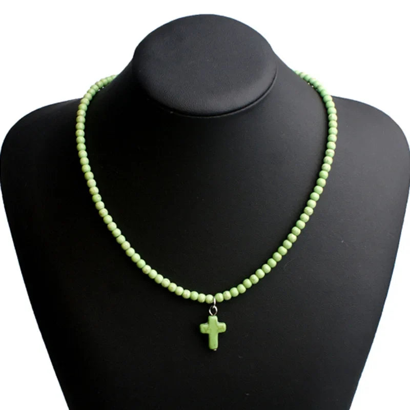 Choker Necklace Cross Pendant Natural Stone Women Green