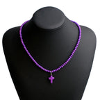 Choker Necklace Cross Pendant Natural Stone Women Purple