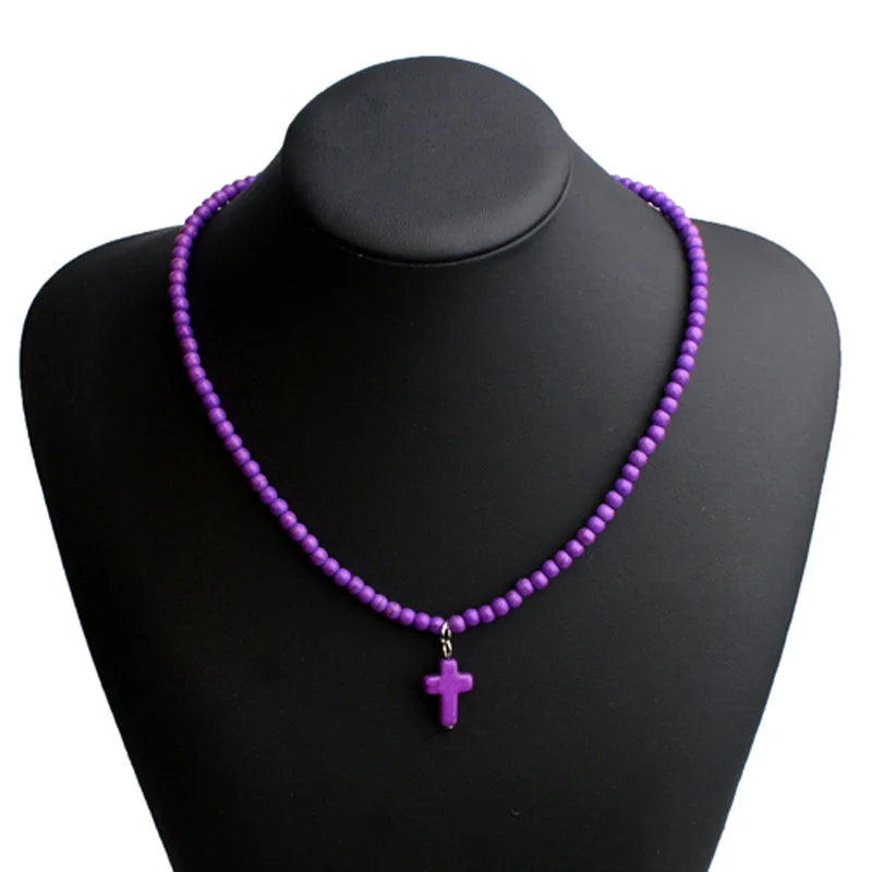 Choker Necklace Cross Pendant Natural Stone Women Purple