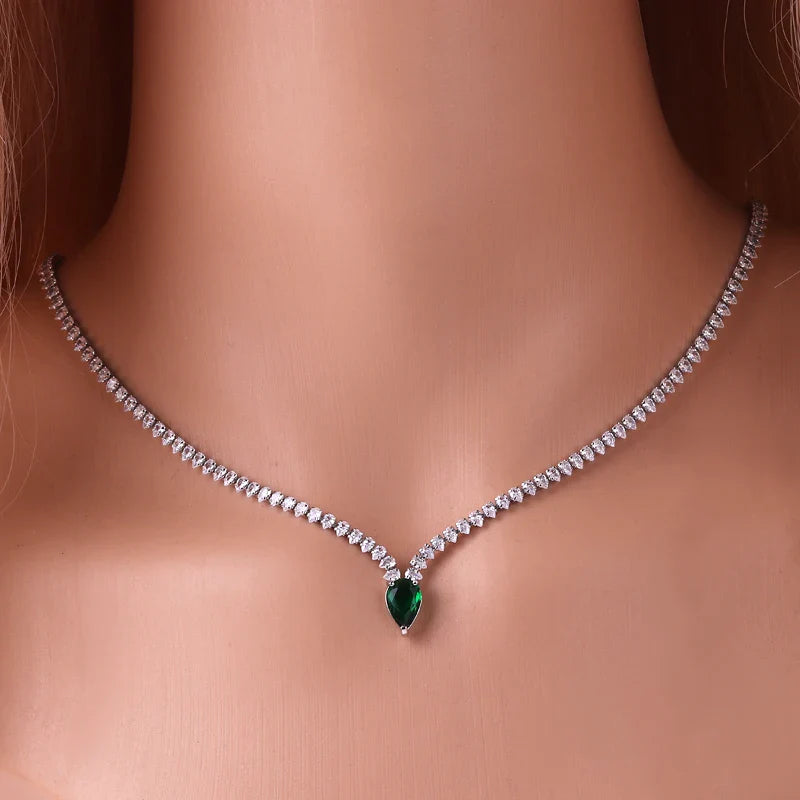 Charming Choker Necklace with Water Drop Pendant and Cubic Zirconia in Silver and Green
