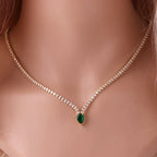 Charming Choker Necklace with Water Drop Pendant and Cubic Zirconia in Silver and Green