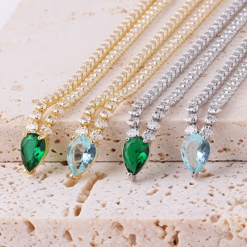 Charming Choker Necklace with Water Drop Pendant and Cubic Zirconia in Gold and Blue