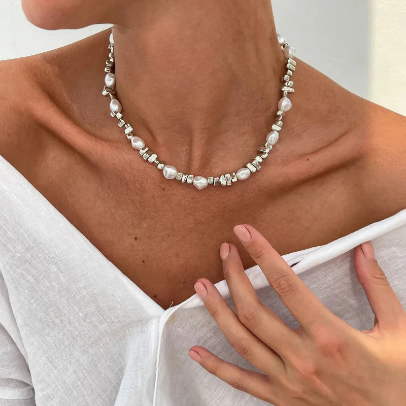 Silver Beaded Pendant Choker Necklace for Women
