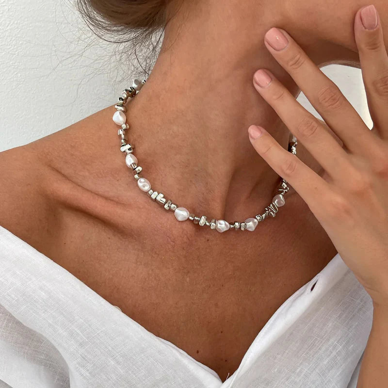 Silver Beaded Pendant Choker Necklace for Women