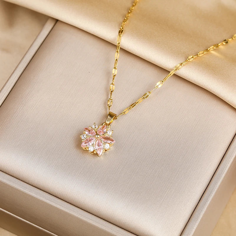 Romantic Necklace with Pink Flower Pendant and Zircon
