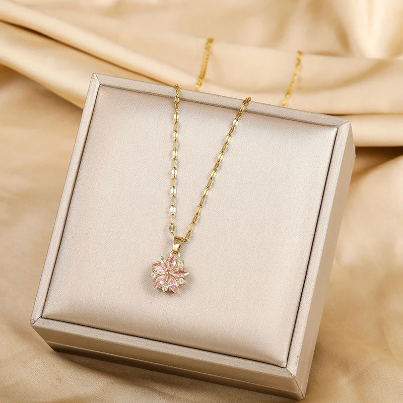 Romantic Necklace with Pink Flower Pendant and Zircon
