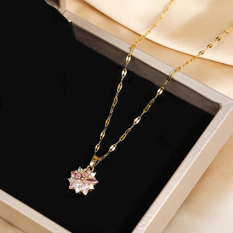 Romantic Necklace with Pink Flower Pendant and Zircon
