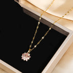 Romantic Necklace with Pink Flower Pendant and Zircon