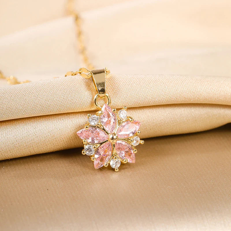 Romantic Necklace with Pink Flower Pendant and Zircon