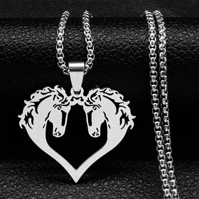 Horse Head Necklace Pendant for Women and Girls, double silver horse