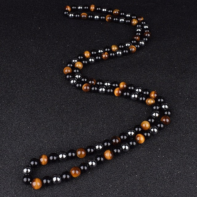 "Triple Protection" Necklace in Hematite, Tiger's Eye and Obsidian Rosary