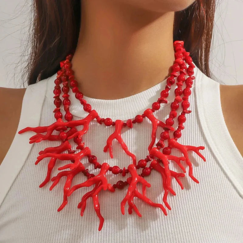 Triple-Strand Choker Necklace Red Coral