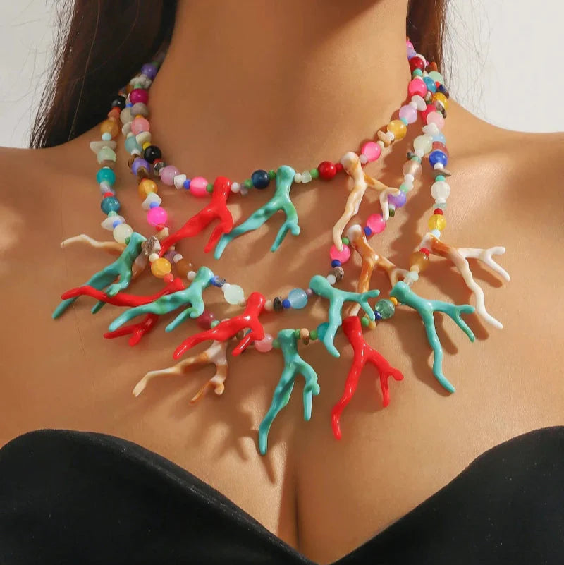 Multicolour Coral Triple-Strand Choker Necklace