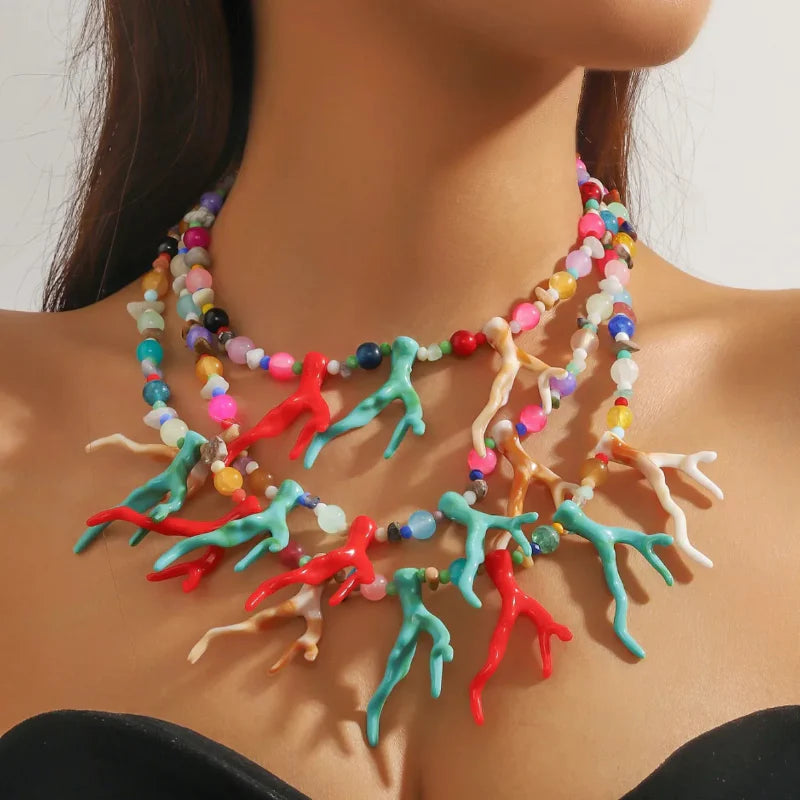 Multicolour Coral Triple-Strand Choker Necklace