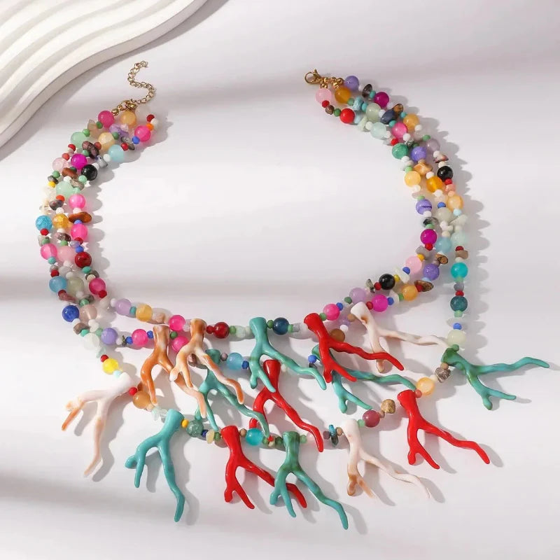 Multicolour Coral Triple-Strand Choker Necklace