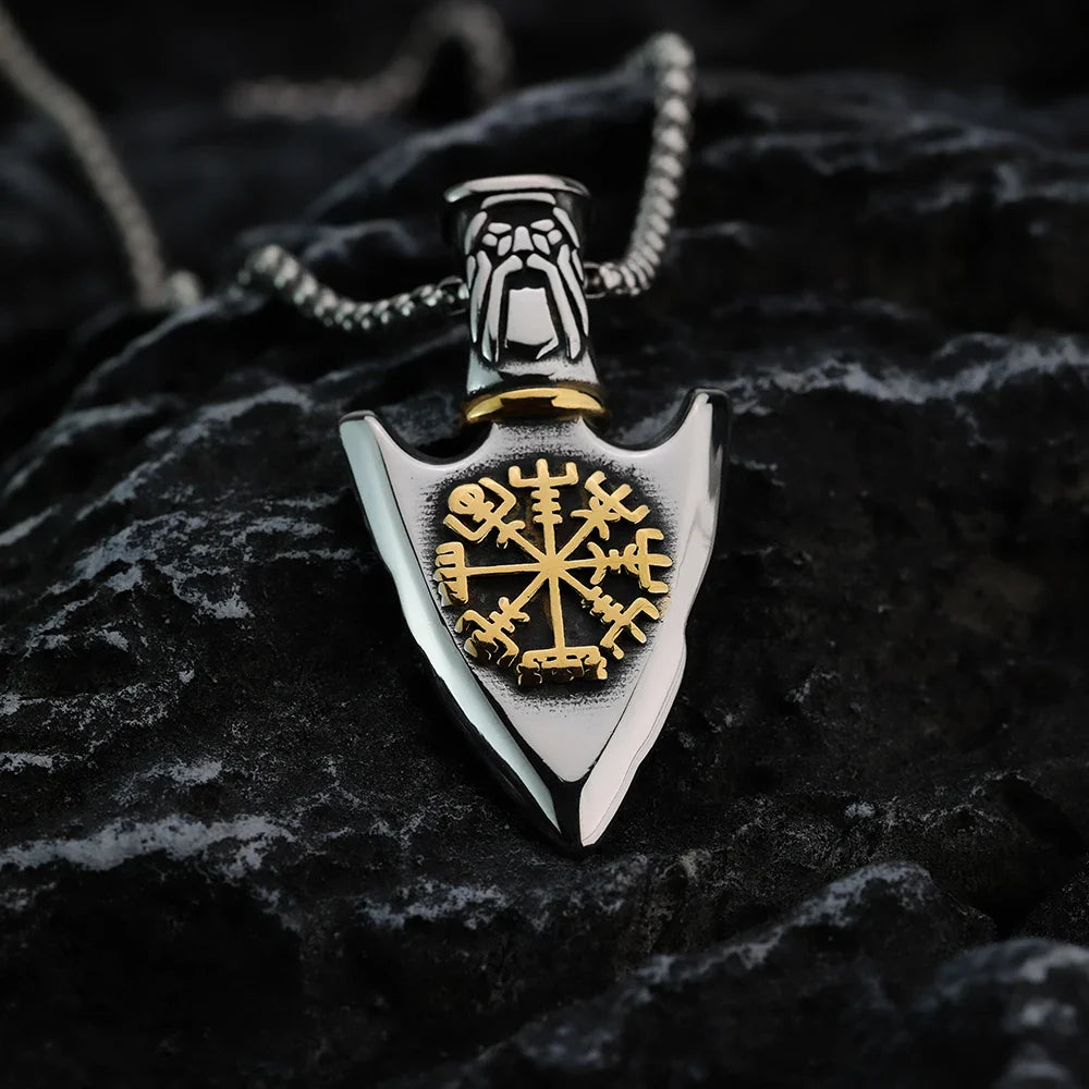 Viking Necklace with Vegvisir Arrow Pendant Gold