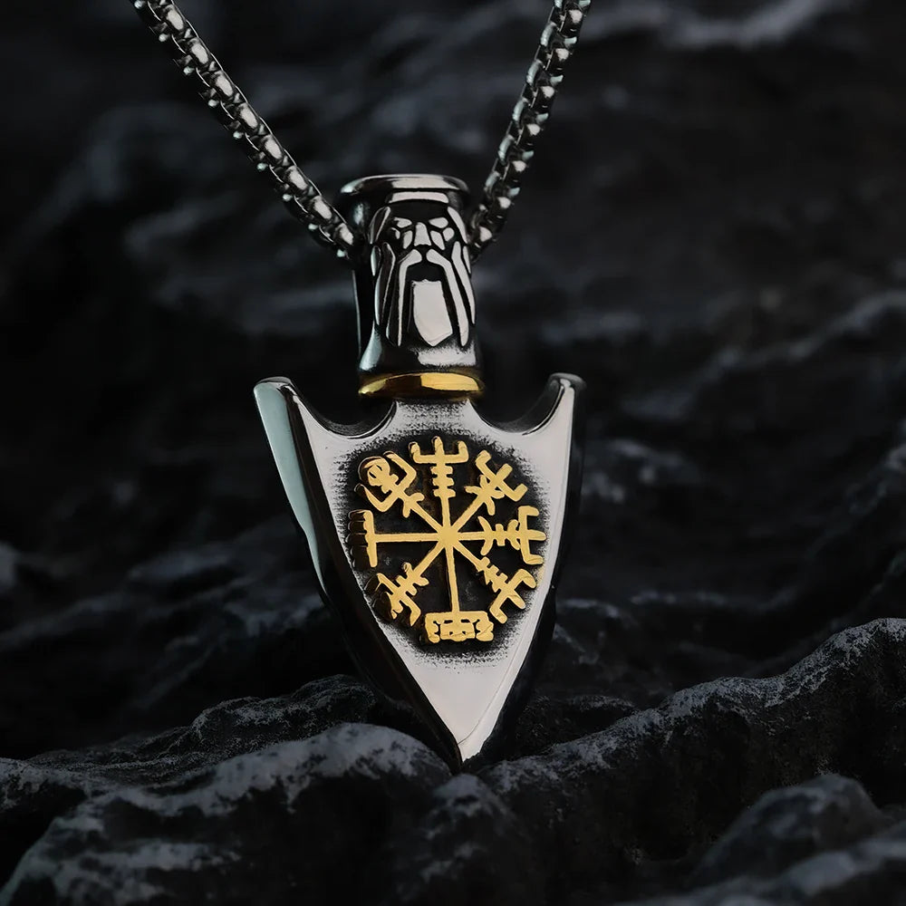 Viking Necklace with Vegvisir Arrow Pendant Gold
