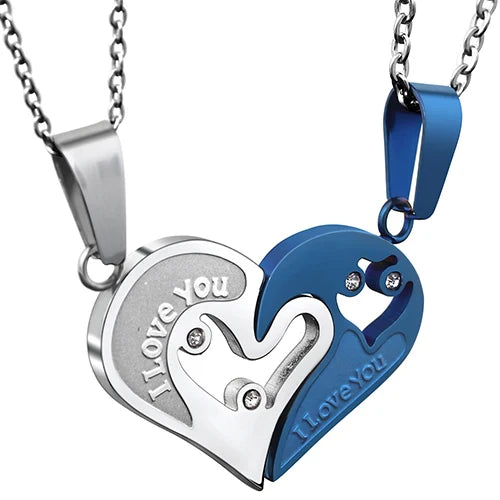 Couple Necklaces Best Friends Heart Pendant silver and blue