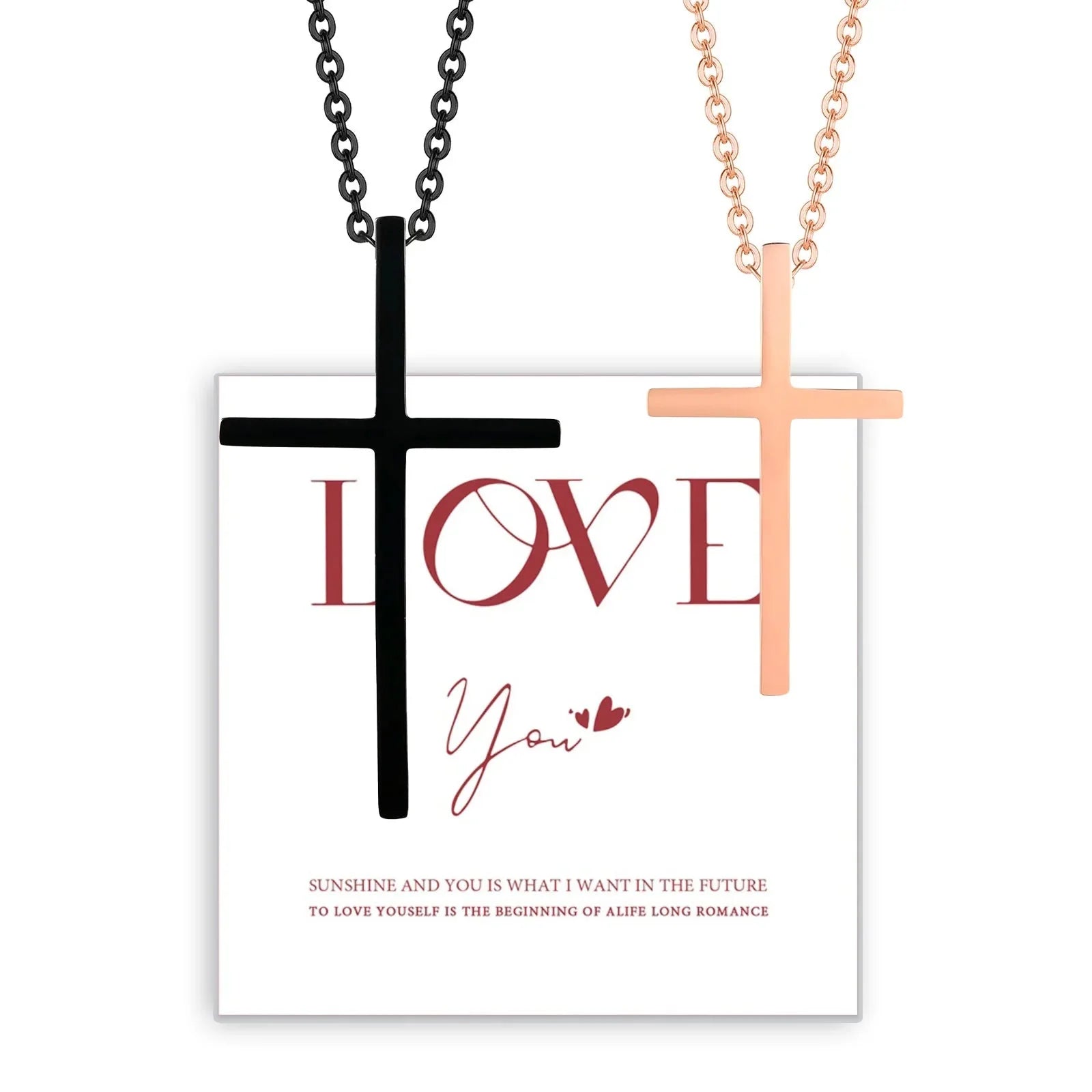 Couple Necklaces Black and Rose Gold Cross Pendant